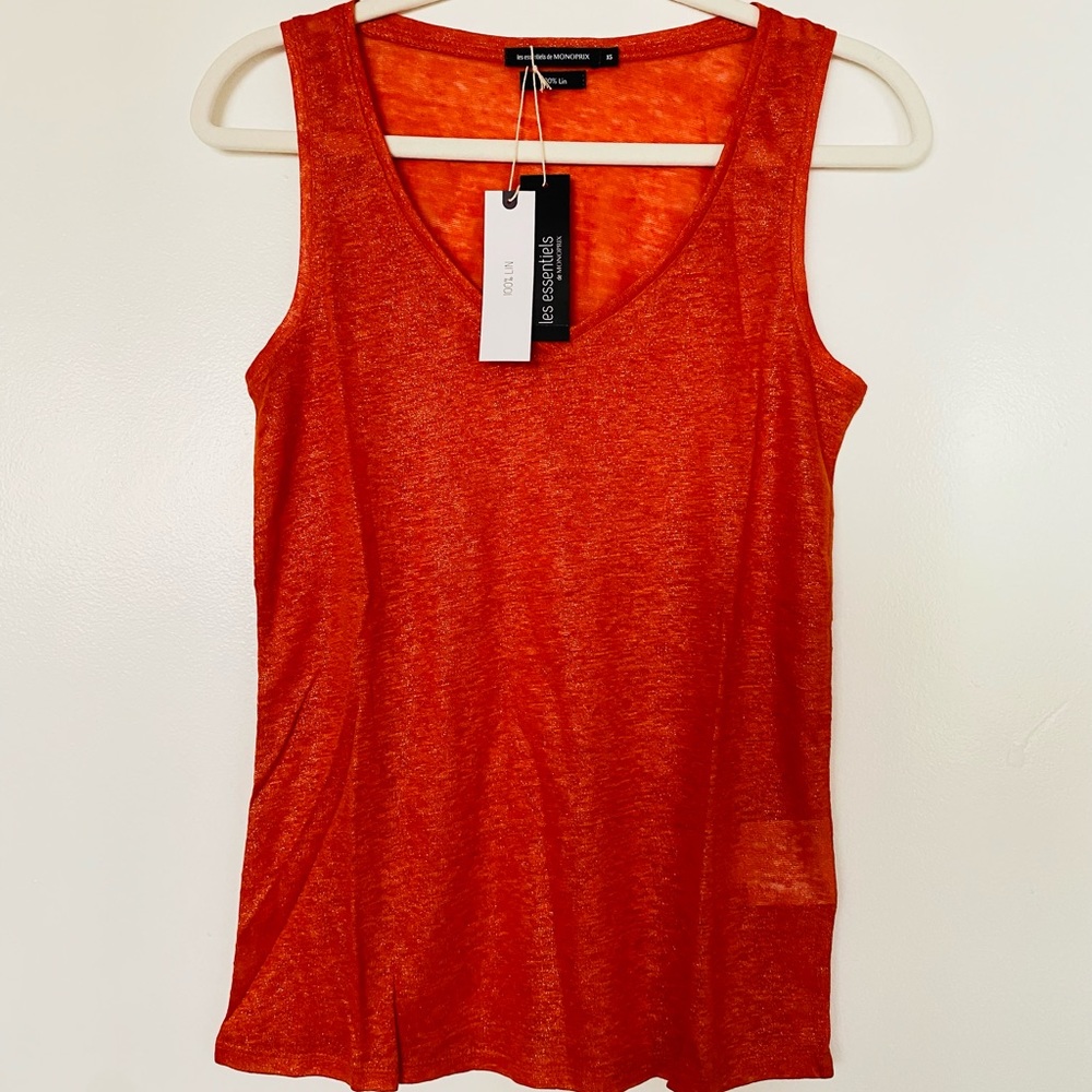 Monoprix French brand linen fabric top in beautiful deep orange rusty color